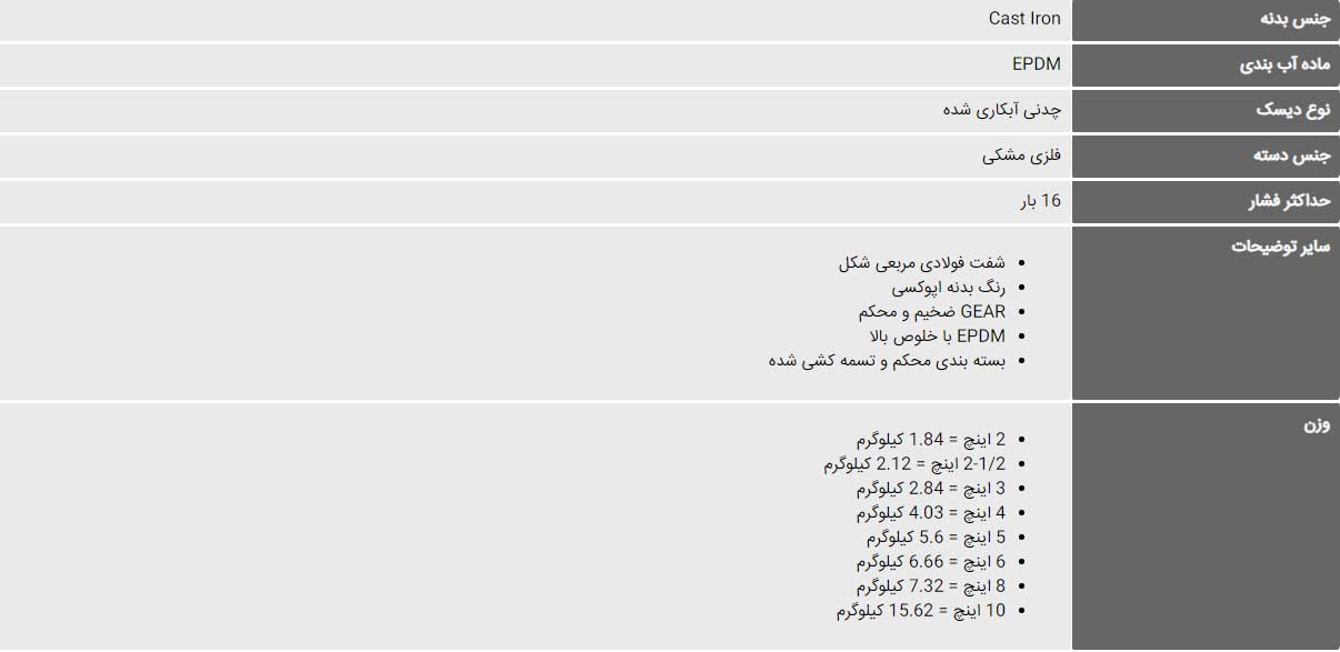 جدول مشخصات فنی شیر پروانه‌ ای دراگون